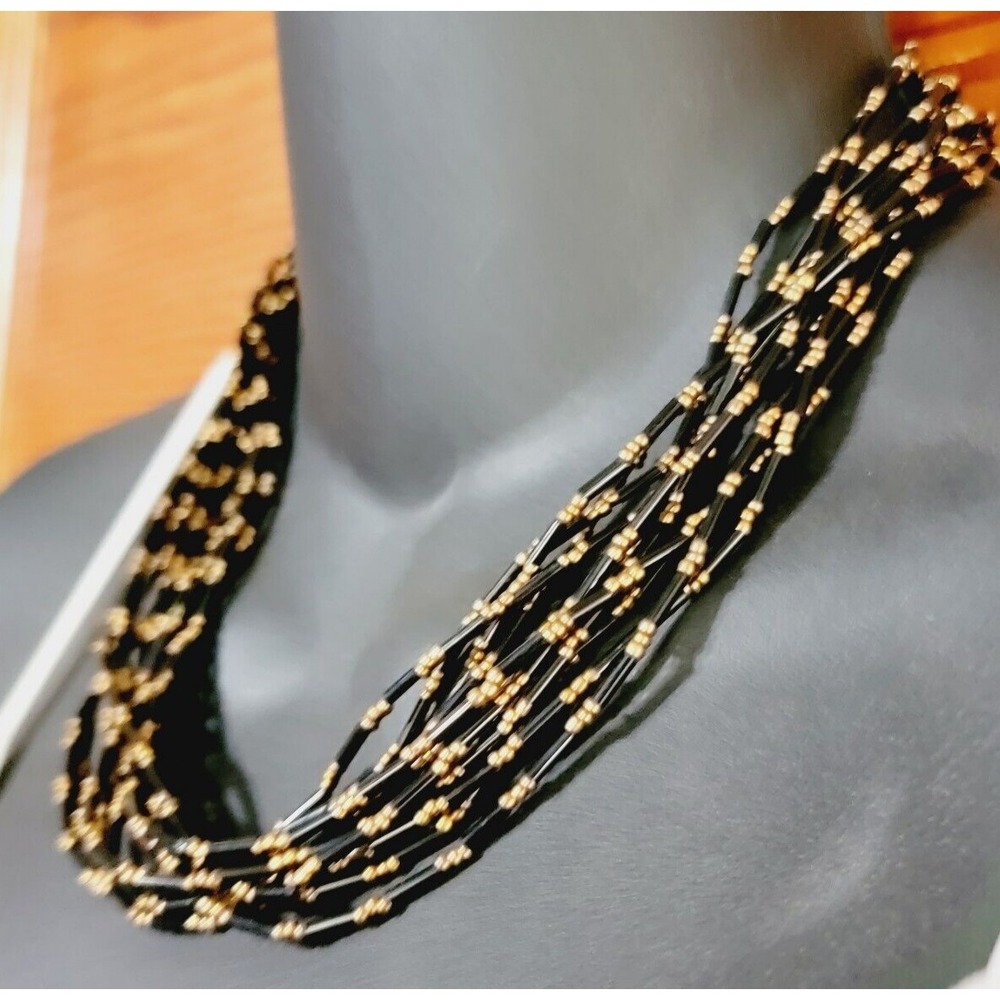 Vintage 12-Strand Black Glass Beaded Torsade Necklace, Multi-Strand Black & Gold